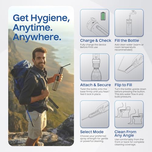 BIDET BUDDY® GoFlow Portable Bidet for Travel - 180ml Bottle with Two Power Modes, Nozzle Wand, IPX6 Waterproof, USB C Charging, 800mAh Rechargeable Battery, Medium Pressure - style: 180ML