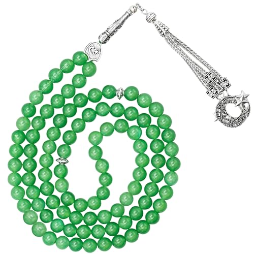 Amazing Gemstone Green Aventurine Tasbeeh with Moon and Star Charm - Certified Crystal Muslim Prayer Beads Natural Gemstone Tasbih Gift for Ramadan Dhikr and Daily Namaz (S) - color: Green Aventurine