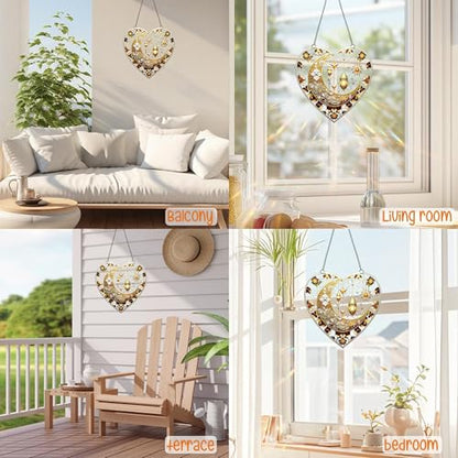 Heart Shaped Crescent Moon Lantern Floral Acrylic Suncatcher with Hanging Chain, Islamic Style Window Decor for Home, Patio, Garden,Ideal Present for Ramadan, Eid, Wedding, Housewarming/YX-45