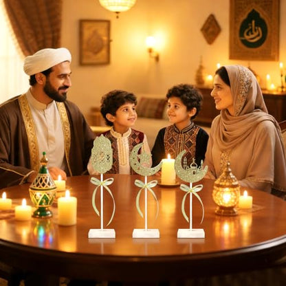 3 Pieces Ramadan Wooden Tabletop Signs Decorations Eid Mubarak Table Centerpieces Decor Set Islamic Ramadan Tiered Tray Decor for Muslim Home Party Tabletop Decor