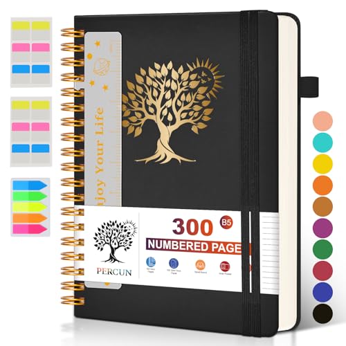 PERCUN Large Spiral Notebook Journal for Women Men - 300 Numbered Lined Pages, College Ruled,B5 Hardcover Spiral Bound Notebook for School, Work, Note Taking, Writing, Leather Spiral Journal 7"x10" - color: Black, size: B5 size (7in x 10in)