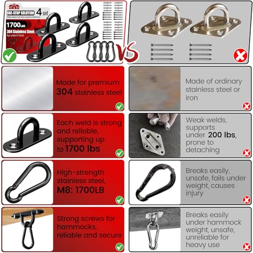 sprookber 304 Stainless Steel Pad Eye Snap Hooks, M10 Heavy Duty Ceiling Hooks, 1700lb Capacity Hammock Swing Hanging kit, Plant Hangers, Marine Hardware Staple Hook Loop with Screws, Set of 8(Black) - size: 4 Inch, style: Black Oval