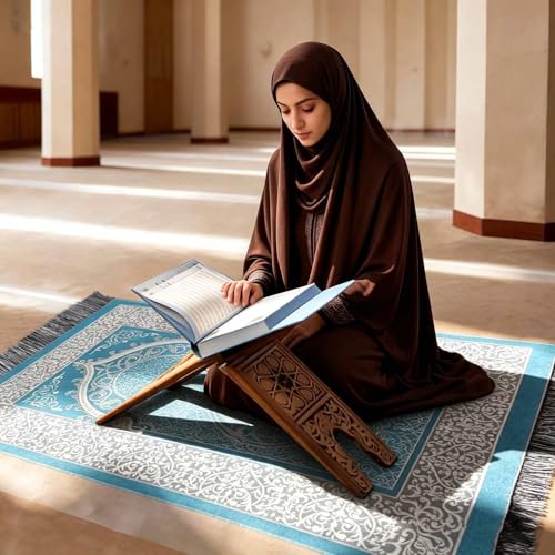Portable Muslim Prayer Rug and Beads with Gift Box, Soft Islamic Prayer Mat,Travel Praying Mat for Men and Women, Prayer matt Islam Gifts Set, Sajadah/Janamaz/Seccade/سجادة صلاة (Aqua Blue) - color: Aqua Blue