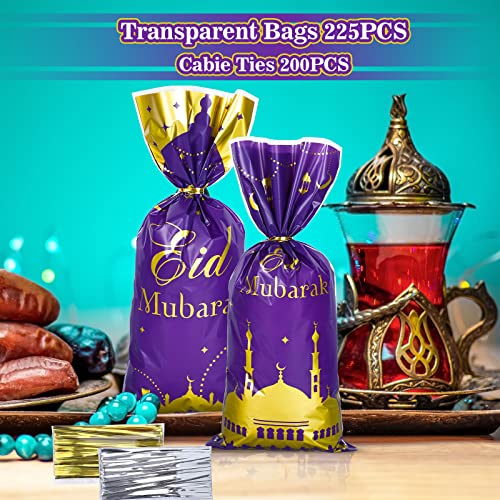 Whaline 150Pcs Eid Mubarak Cellophane Candy Bags Purple Eid Ramadan Castle Cello Plastic Bags with 200Pcs Silver Gold Twist Tie Muslim Theme Goody Treat Bags for Party Favor Supplies, 3 Designs