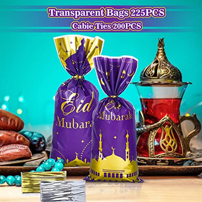 Whaline 150Pcs Eid Mubarak Cellophane Candy Bags Purple Eid Ramadan Castle Cello Plastic Bags with 200Pcs Silver Gold Twist Tie Muslim Theme Goody Treat Bags for Party Favor Supplies, 3 Designs