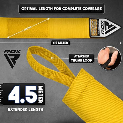 RDX Boxing Hand Wraps 4.5M / 180 Inches – Mexican Style Semi-Elastic MMA Inner Gloves - Wrist Support for Muay Thai, Kickboxing, BJJ, Karate - Thumb Loop & Hook and Loop Closure - Cotton & Nylon Blend - color: Yellow