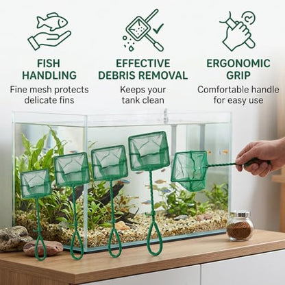 Fish Net for Fish Tank, Aquarium Net Set of Five, Easy Fish Catching and Tank Maintenance, Durable Fish Net with Fine Mesh Design, Essential Aquarium Accessories for Keepers