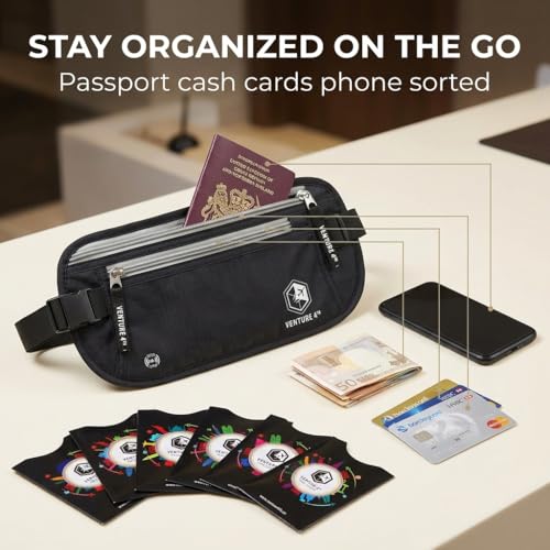 VENTURE 4TH RFID Money Belt for Travel with RFID Blocking Sleeves – Slim Hidden Travel Wallet & Passport Holder for Men & Women, Lightweight Anti-Theft Pouch to Protect Cash, Cards & Documents - Black - color: Black