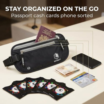 VENTURE 4TH RFID Money Belt for Travel with RFID Blocking Sleeves – Slim Hidden Travel Wallet & Passport Holder for Men & Women, Lightweight Anti-Theft Pouch to Protect Cash, Cards & Documents - Black - color: Black