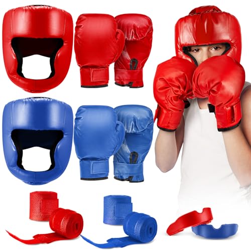 Kanayu 12 Pcs Kids Boxing Equipment Set for Beginners Ages 6-18 Years Including Boxing Helmet and Gloves Hand Wraps Sport Mouthguards Taekwondo Sparring Gear for Kids and Children - color: Blue, Red