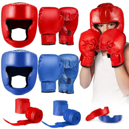 Kanayu 12 Pcs Kids Boxing Equipment Set for Beginners Ages 6-18 Years Including Boxing Helmet and Gloves Hand Wraps Sport Mouthguards Taekwondo Sparring Gear for Kids and Children - color: Blue, Red