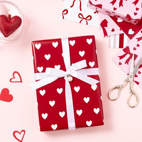 RUSPEPA Valentine's Day Wrapping Paper Sheets, Red and Pink Heart, Bow, Stripe and Plaid Design, Romantic Gift Wrap for Girls, Birthday, Anniversary, Bridal Shower, 6 Folded Sheets, 19.68 X 27.5 Inch - color: Romantic Design