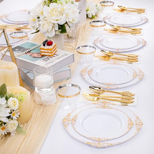 Hioasis 175pcs White and Gold Plates - White Party Plates for 25 Guest, Include 50 Heavy-duty Plates(20% Thicker Than Standard), 25 Cutlery Set, 25 Napkin, 25 Cups for Party & Wedding & Graduation - color: White and Gold