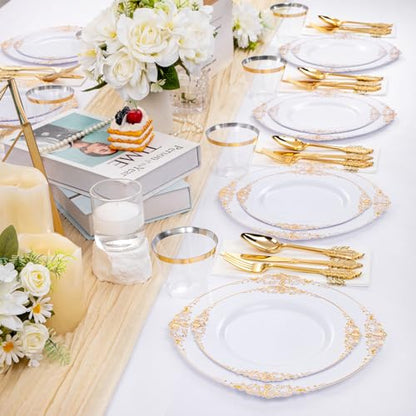 Hioasis 175pcs White and Gold Plates - White Party Plates for 25 Guest, Include 50 Heavy-duty Plates(20% Thicker Than Standard), 25 Cutlery Set, 25 Napkin, 25 Cups for Party & Wedding & Graduation - color: White and Gold