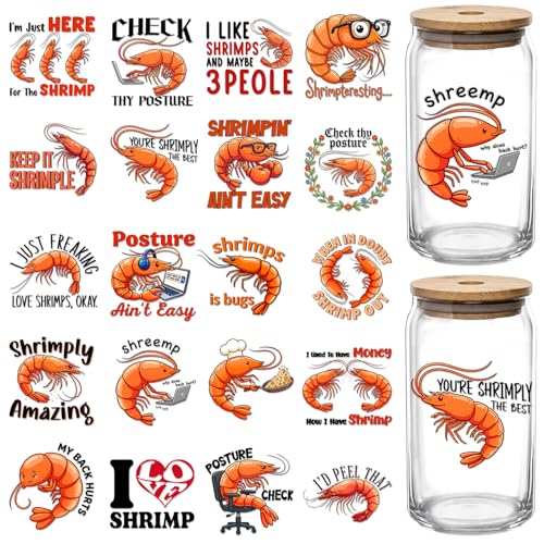 (20pcs) Shrimp UV DTF Cup Wrap Stickers, Meme Shrimps Sticker, Cute Sea Animal Decor Mug Transfer Paper, Crawfish Shrimp Stickers Funny Ocean Animal Lovers UVDTF Sticker for Shimps Lovers