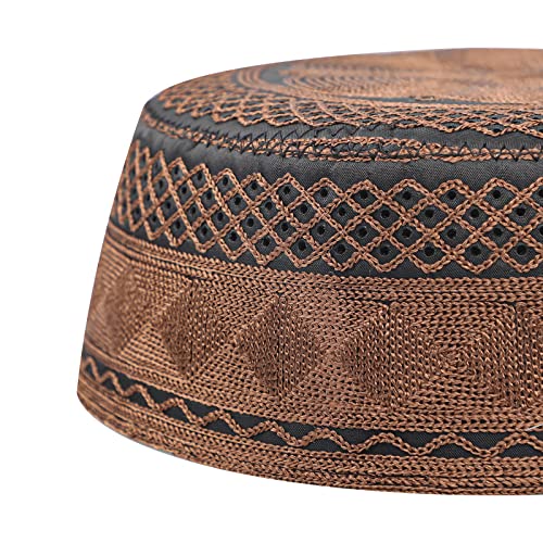 Muslim Prayer Kufi Hat for Men Boys Islamic Beanie Skull Cap Prayer Headwear Embroidery Kofia Topi Sun Hat Ramadan Eid Gift - color: Dark Coffee, Chain Embroidery