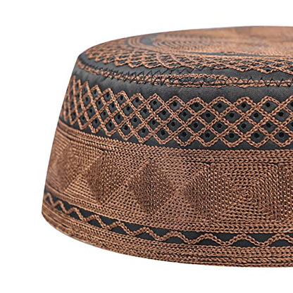 Muslim Prayer Kufi Hat for Men Boys Islamic Beanie Skull Cap Prayer Headwear Embroidery Kofia Topi Sun Hat Ramadan Eid Gift - color: Dark Coffee, Chain Embroidery