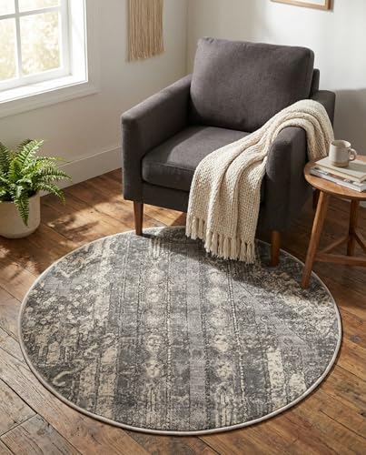 Rugs.com - Oregon Collection Rug – 3 Ft Round Gray Easy-Clean Rug – Retro Southwestern Style for Entryways, Kitchens, and Small Spaces - color: Grey, size: 3' (Round)