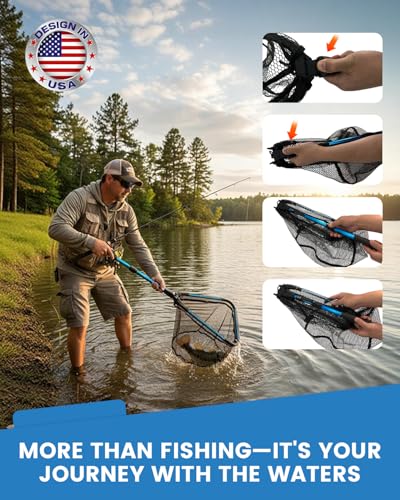 Telescoping Fishing Net with Handle, Extendable & Foldable Fishing Landing Net with Telescopic Pole for Kayak, Bass, Trout in Pond Lake River, Durable Nylon Mesh - Fishing Gear Gift for Men Women