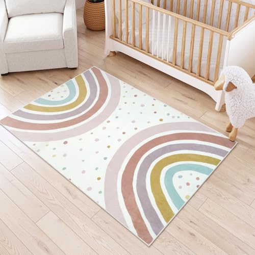 STARUIA Boho Rainbow Rug for Kids Room, 4x6 Washable Nursery Rug for Girls Bedroom Princess Castle, Soft Kids Carpet Non-Slip Area Rug for Classroom Playroom Tent - color: Morandi, size: 4'x6' (Rectangular)