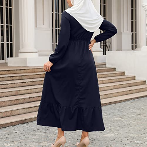 Ctreela Muslim Abaya Dress for Women Long Sleeve Tunic Islamic Prayer Dress Abaya Kaftan Dubai Dress Middle East Clothes - color: Dark Blue, size: X-Large