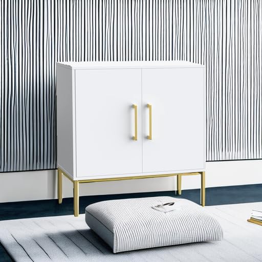 Buffet Sideboard Cabinet with Storage, Modern Wooden Cabinet with Adjustable Shelves, White and Gold Cabinets for Living Room, Kitchen, Hallway