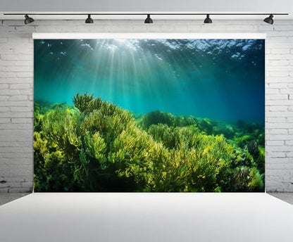 7ftx5ft Underwater Seascape Backdrop Under The Sea Aquarium Algae on The Ocean Floor with Natural Sunlight Background Mermaid Theme Birthday Party Decorations Baby Shower Photo Props - size: 7x5FT