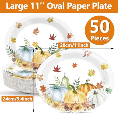 Qyeahkj 가을 추수감사절 타원형 종이 접시 50개, 대형 27.9cm(11인치) 일회용 가을 나뭇잎 파티 장식, 수채화 블루 호박 용품, 수확 디너 서빙 접시, 파티 식기 세트 - style: 낙엽
