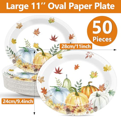 Qyeahkj 가을 추수감사절 타원형 종이 접시 50개, 대형 27.9cm(11인치) 일회용 가을 나뭇잎 파티 장식, 수채화 블루 호박 용품, 수확 디너 서빙 접시, 파티 식기 세트 - style: 낙엽