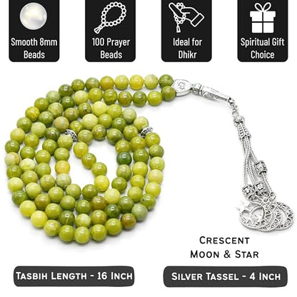 Amazing Gemstone Green Jade Tasbeeh with Moon and Star Charm - Certified Crystal Muslim Prayer Beads Natural Gemstone Tasbih Gift for Ramadan Dhikr and Daily Namaz (S) - color: Green Jade