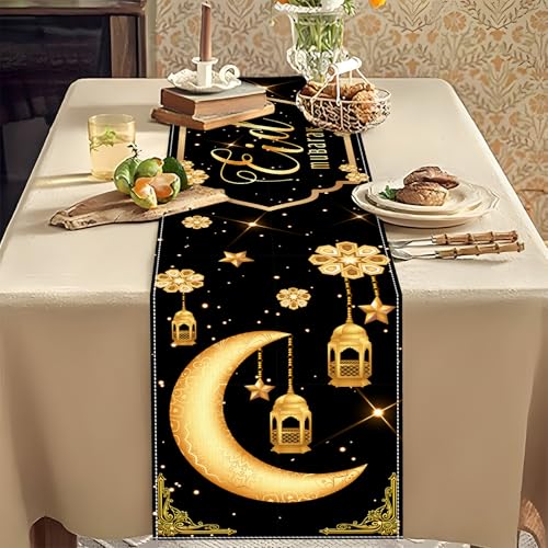 Eid Mubarak Table Runner Table Decorations,Eid Decorations for Home Black and Gold Holiday Kitchen Dining Table Runners with Moon,Star and Lantern for Islamic Table Decor Party Supplies 13 x 72 Inch