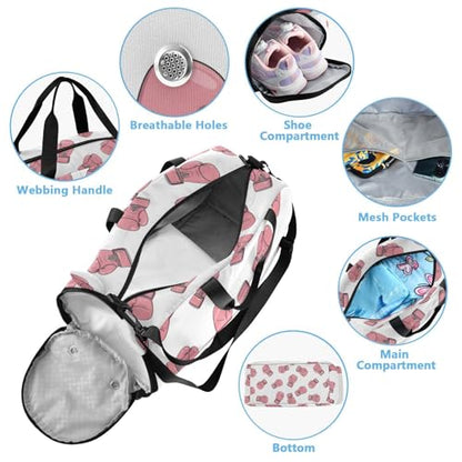 VIGTRO Pink Boxing Gloves Print Kids Overnight Travel Duffel Bag Sport Gym Bag for Boys Girls with Shoe Compartment, Carry On Weekender Luggage Bag for Dance Swim Yoga
