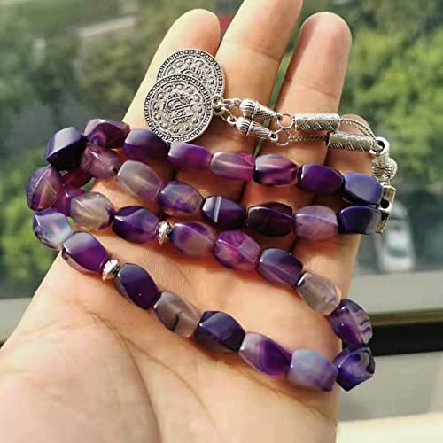 Tasbih Natural Purple Agate Stone Islamic misbaha Prayer Beads Muslim Bracelet (12x8mm x 45 Beads) - size: 12x8mm x 45 beads