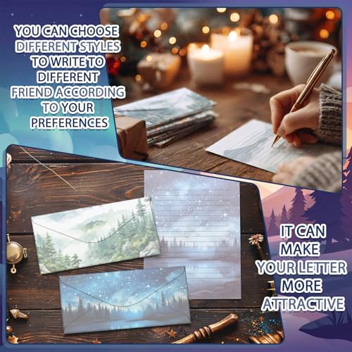 TaoBary 160 Pcs Stationery Paper Kit 50 Double Sided Stationery Papers with 50 Matching Envelopes and 60 Round Dot Sticker, 10 Design(whimsical Watercolor Illustration Starry Night, 8.5 x 11 Inch) - size: 8.5 x 11 Inch, style: Whimsical Watercolor Illustr