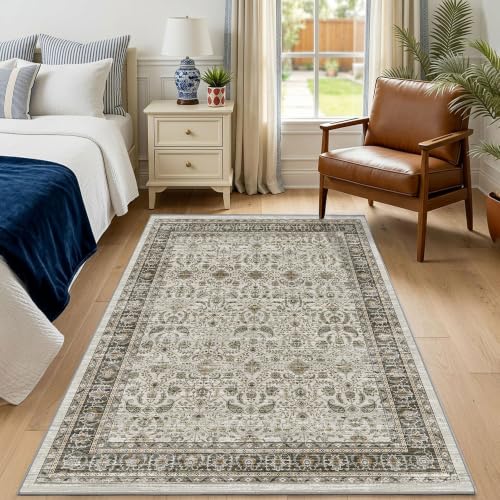 Ivory Gray Farmhouse Area Rugs 3x5, Washable Upgraded Non-Slip Vintage Distressed Rug, Low Pile Print Pattern Carpet for Living Room, Entryway, Bedroom, Kitchen, Office, Bathroom, Ivory Gray - color: Ivory Gray, size: 3' x 5' (Rectangular)