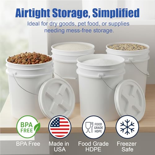 5 Gallon Bucket - Food Grade Bucket BPA-Free, White, 6 Packs | Metal Handle Grip, Heavy-Duty 90 Mil HDPE Plastic Pail, Food Safe Stackable Utility Container, Lid Not Included, Made in USA - color: White, size: 6 Packs