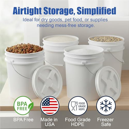 5 Gallon Bucket - Food Grade Bucket BPA-Free, White, 6 Packs | Metal Handle Grip, Heavy-Duty 90 Mil HDPE Plastic Pail, Food Safe Stackable Utility Container, Lid Not Included, Made in USA - color: White, size: 6 Packs