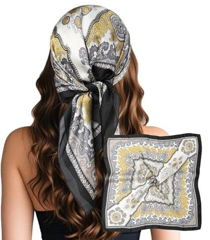 Sumolux Head Hair Scarf for Women Like Satin Silk Scarf Bandana Hair Wrapping Night Large Square Scarves 27.5" - color: Black Cashew Nuts