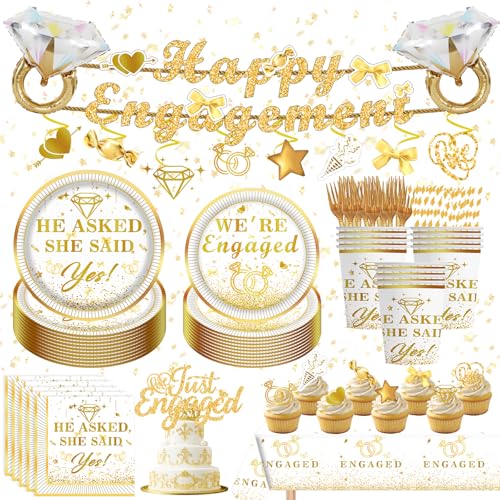 141PCS Engagement Party Decorations, Happy Engagement Banner Ring Foil Balloons He Asked She Said Yes Disposable Dinnerware with 1 Pcs Tablecloth, Wedding Proposal Decorations - size: Engagement Party - 141pcs