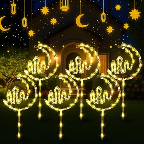 Aurelema 6 Pack Ramadan Mubarak Outdoor Decoration Lights Eid Outside Patio Pathway Landscape Lights Yard Stake Driveway Lawn Walkway Decoration Star Moon for Eid Mubarak Ramadan Party Favors Gifts
