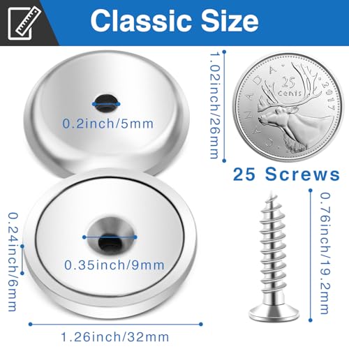 E BAVITE Strong Neodymium Magnets with Screws Silver, 25 Pack | 110 Lbs Rare Earth Magnets with Heavy Duty, Cup Magnet with Countersunk Hole and Stainless Screws for Kitchen, Craft, Office - color: Silver, size: 32mm-25P