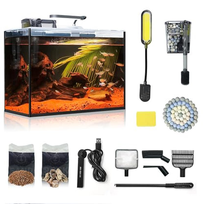 Small Aquarium Set Glass 2.6 Gallon Fish Tank, Starter Kit with Heater Self Cleaning System Efficiency Filter Bright Light Rocks Gravel Cleaning Tool, Leak-Proof Ultra-Clear Rimless Desktop Betta Tank - size: 2.6 Gallon