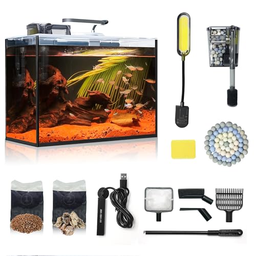 Small Aquarium Set Glass 2.6 Gallon Fish Tank, Starter Kit with Heater Self Cleaning System Efficiency Filter Bright Light Rocks Gravel Cleaning Tool, Leak-Proof Ultra-Clear Rimless Desktop Betta Tank - size: 2.6 Gallon