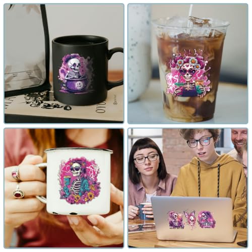 10 Sheets UV DTF Cup Wraps, 10 Styles Magic Style Stickers Cartoon Skull Rub on Decals Purple Waterproof Transfer Stickers for Glass Cups Wood Crafts - style: Magic Style