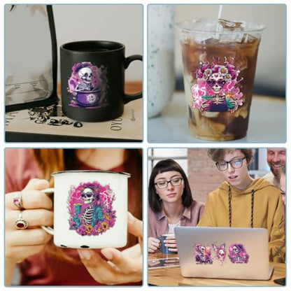 10 Sheets UV DTF Cup Wraps, 10 Styles Magic Style Stickers Cartoon Skull Rub on Decals Purple Waterproof Transfer Stickers for Glass Cups Wood Crafts - style: Magic Style