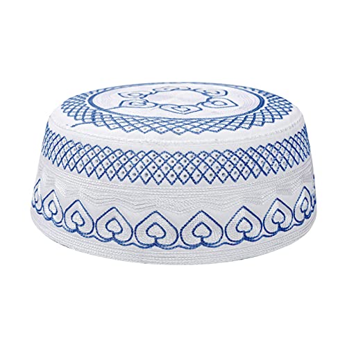 Muslim Prayer Kufi Hat for Men Boys Islamic Beanie Skull Cap Prayer Headwear Embroidery Kofia Topi Sun Hat Ramadan Eid Gift - color: Blue, Heart Embroidery