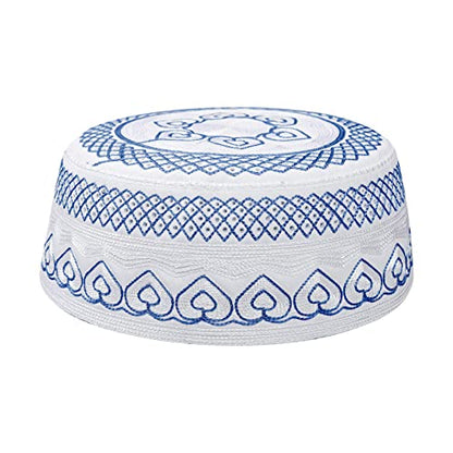 Muslim Prayer Kufi Hat for Men Boys Islamic Beanie Skull Cap Prayer Headwear Embroidery Kofia Topi Sun Hat Ramadan Eid Gift - color: Blue, Heart Embroidery