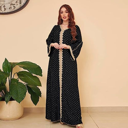 FPOVFPO Women's Muslim Abaya One-Piece V Neck Bronzing Dress Islamic Full Length Kaftan Daily Casual - color: Black, size: X-Large
