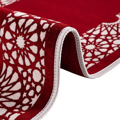Modefa Turkish Islamic Prayer Mat - Chenille with Foam and Carrying Bag - Intricate Praying Rug Ramadan Eid Gift - Traditional Muslim Janamaz Seccade for Men Women - Mustaqim (Red) - color: Red