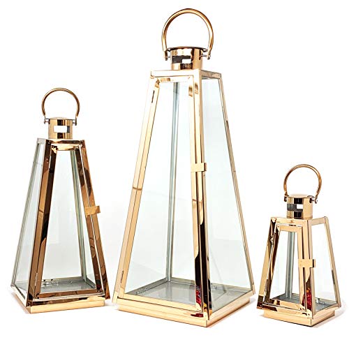 allgala Lantern Jumbo Deluxe Modern Indoor/Outdoor Candle Stainless Steel Rectangular Frame with Lattice Grid Tempered Glass for Garden Poolside Fireplace Wedding (Pack of 3, 24 Inch, Rose Gold) - color: Taper Rose Gold